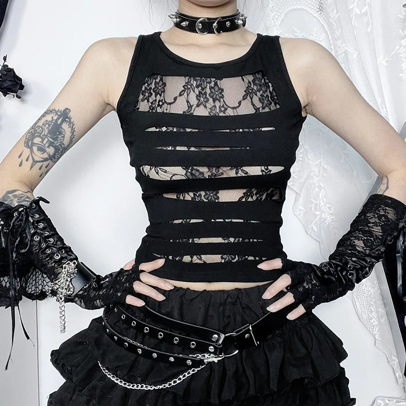 Dark Cut Out Sexy Grunge Punk Mall Gothic Lace Techwear Bodycon Crop Top