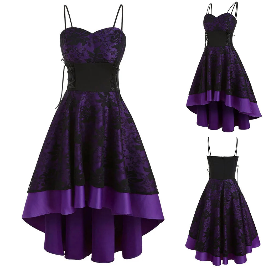 JuliaFashion - Gothic Spaghetti Strap Women Vintage Bandage Lace Up High Low Tunic Party Cosplay Outfits Printed Slim Vestidos Dress