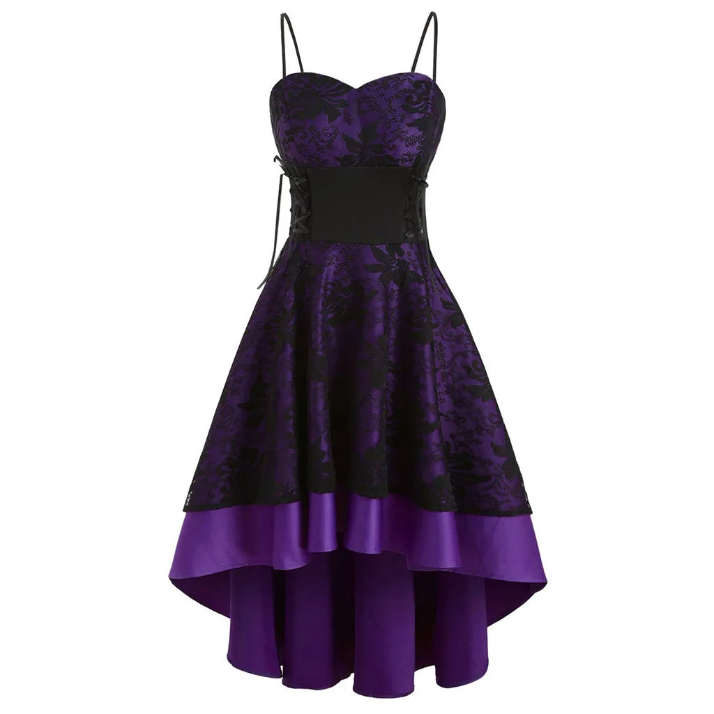 JuliaFashion - Gothic Spaghetti Strap Women Vintage Bandage Lace Up High Low Tunic Party Cosplay Outfits Printed Slim Vestidos Dress