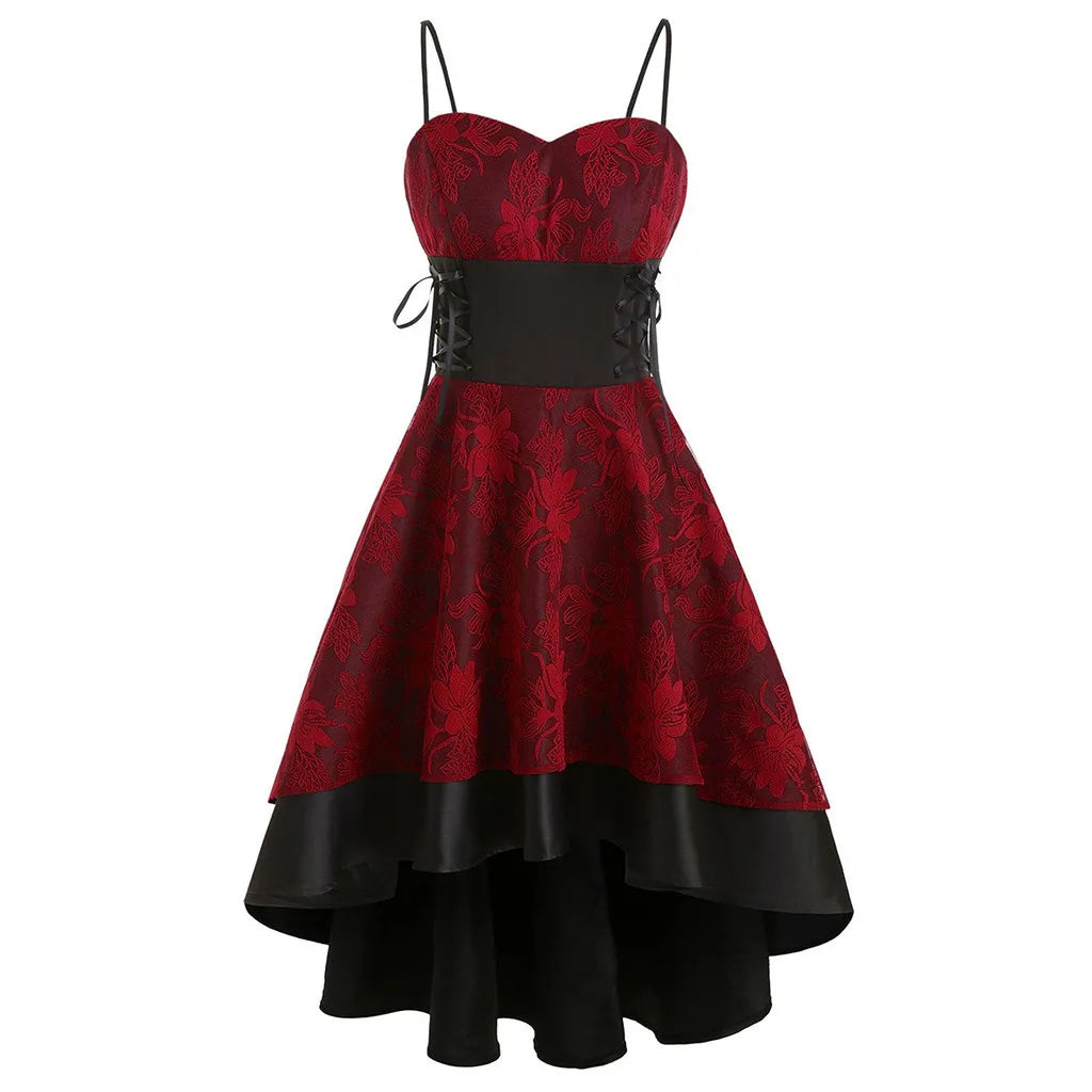 JuliaFashion - Gothic Spaghetti Strap Women Vintage Bandage Lace Up High Low Tunic Party Cosplay Outfits Printed Slim Vestidos Dress