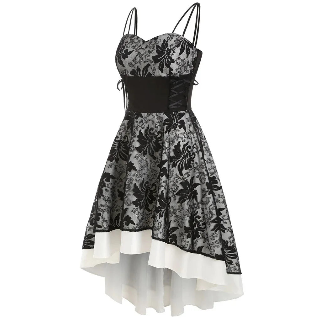 JuliaFashion - Gothic Spaghetti Strap Women Vintage Bandage Lace Up High Low Tunic Party Cosplay Outfits Printed Slim Vestidos Dress