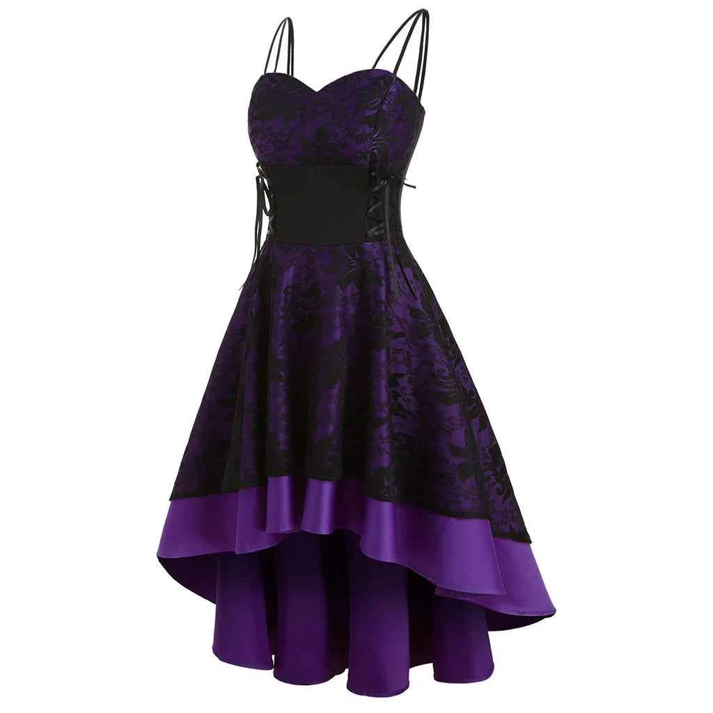JuliaFashion - Gothic Spaghetti Strap Women Vintage Bandage Lace Up High Low Tunic Party Cosplay Outfits Printed Slim Vestidos Dress