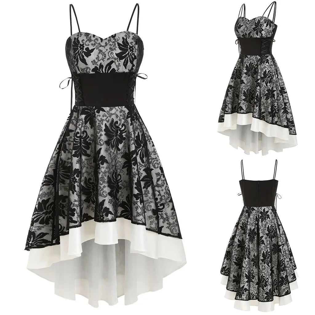 JuliaFashion - Gothic Spaghetti Strap Women Vintage Bandage Lace Up High Low Tunic Party Cosplay Outfits Printed Slim Vestidos Dress