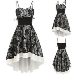 JuliaFashion - Gothic Spaghetti Strap Women Vintage Bandage Lace Up High Low Tunic Party Cosplay Outfits Printed Slim Vestidos Dress