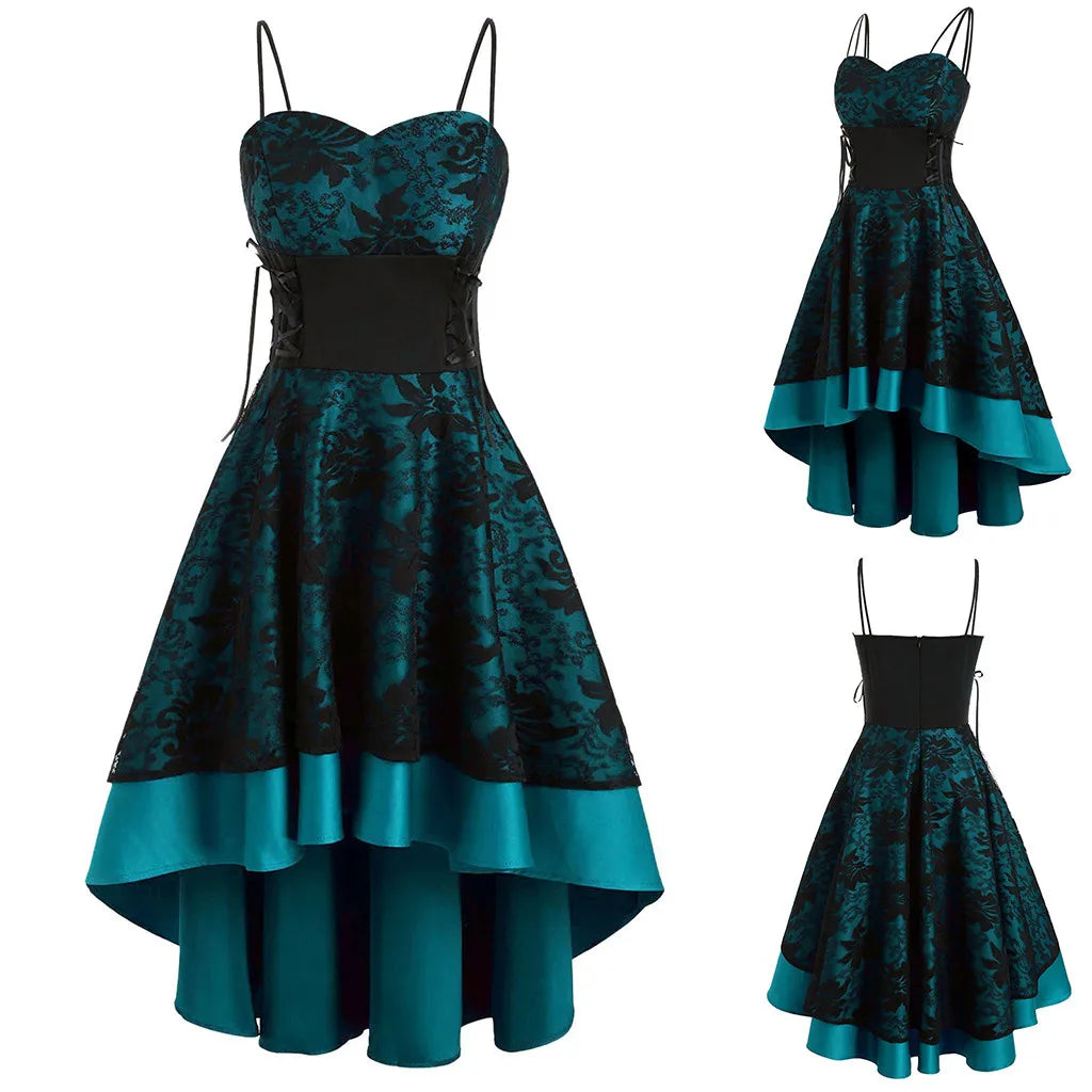 JuliaFashion - Gothic Spaghetti Strap Women Vintage Bandage Lace Up High Low Tunic Party Cosplay Outfits Printed Slim Vestidos Dress