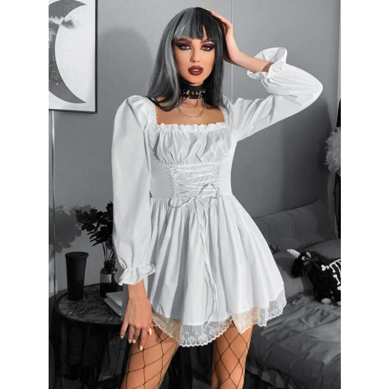 Long Sleeve Lolita Black Puff Sleeve High Waist Vintage Bandage Lace Trim Party Outfit