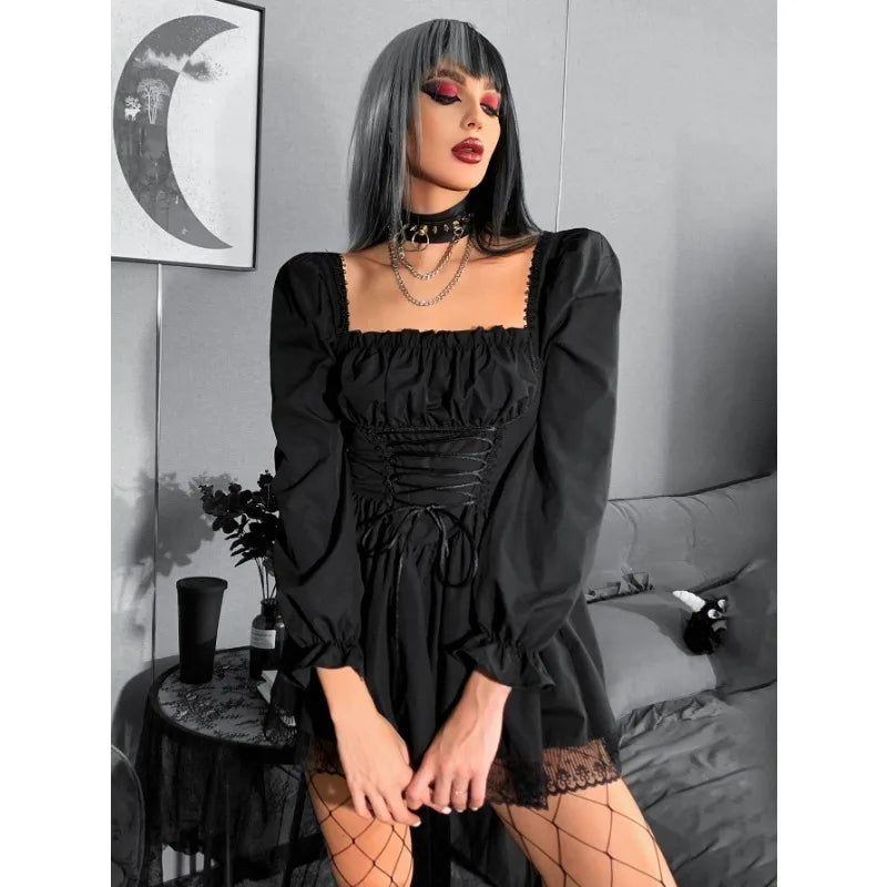Long Sleeve Lolita Black Puff Sleeve High Waist Vintage Bandage Lace Trim Party Outfit
