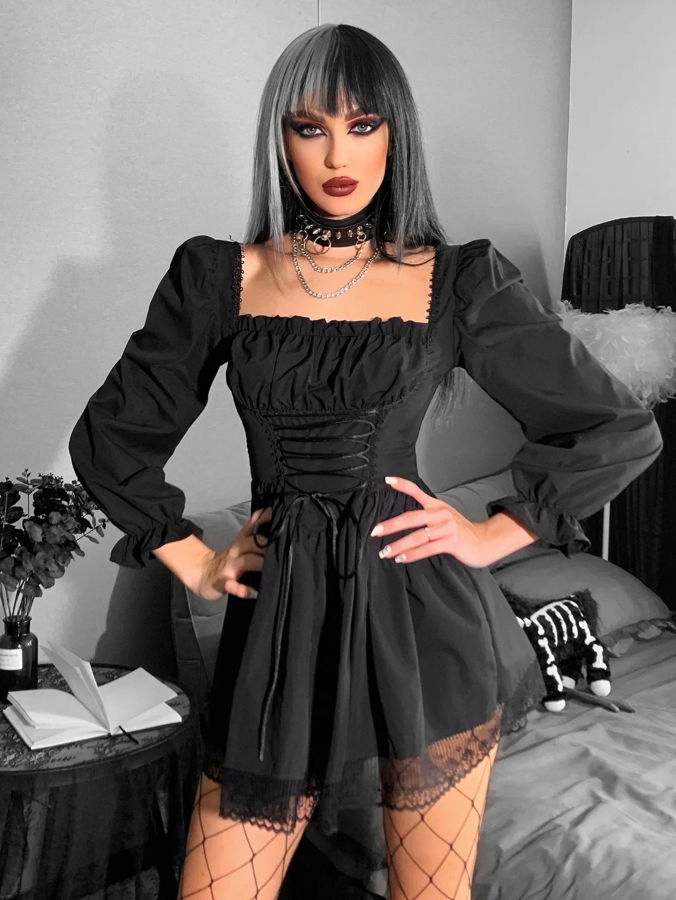 Long Sleeve Lolita Black Puff Sleeve High Waist Vintage Bandage Lace Trim Party Outfit