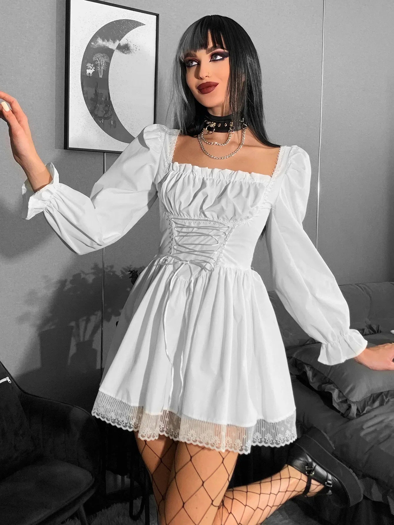 Long Sleeve Lolita Black Puff Sleeve High Waist Vintage Bandage Lace Trim Party Outfit