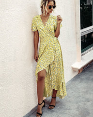 Pink Polka Dot V-Neck Ruffle Short-Sleeved Beach Vacation Summer Dress Dresses