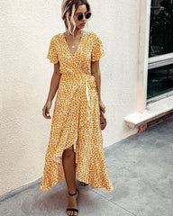 Pink Polka Dot V-Neck Ruffle Short-Sleeved Beach Vacation Summer Dress Xxl / Yellow Dresses