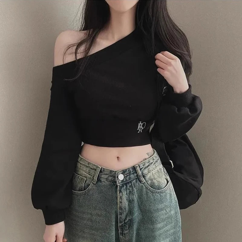 Irregular Off Shoulder Long Sleeve Sexy Crop Streetwear Hoody