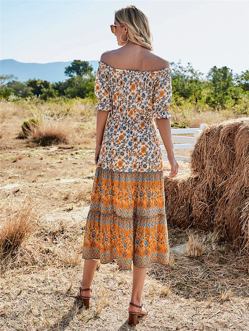 Floral Print Short Sleeve Off Shoulder Maxi Boho Dress bohodress-250126