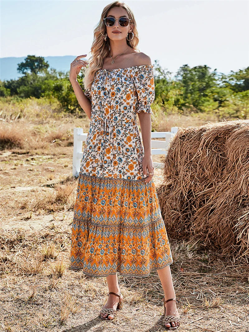 Floral Print Short Sleeve Off Shoulder Maxi Boho Dress bohodress-250126