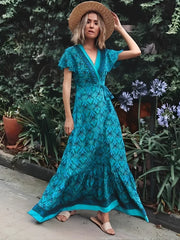 Floral Short Sleeve V-neck Boho Dress Green / S bohodress-250126
