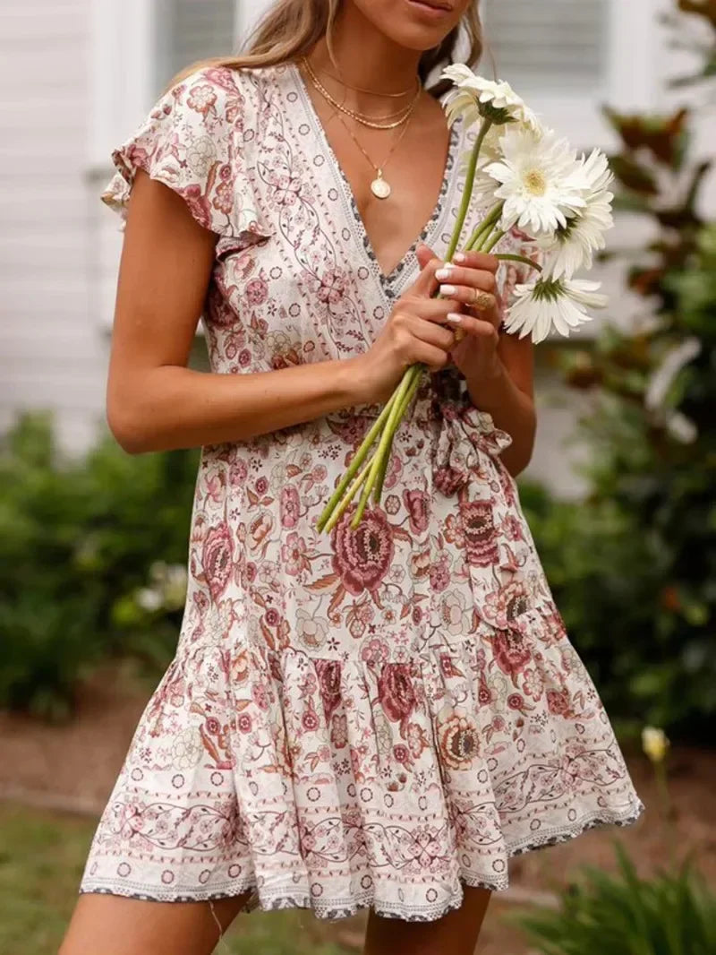 Green Floral Deep V-neck Boho Sundress bohodress-250126