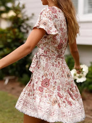 Green Floral Deep V-neck Boho Sundress bohodress-250126