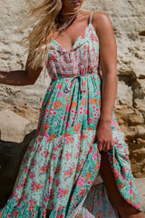 Green Floral Sleeveless Rayon Maxi Boho Dress as picture / S bohodress-250126