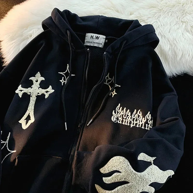Gothic Hip Hop Stylish Embroidery Zip-Up Hoodie