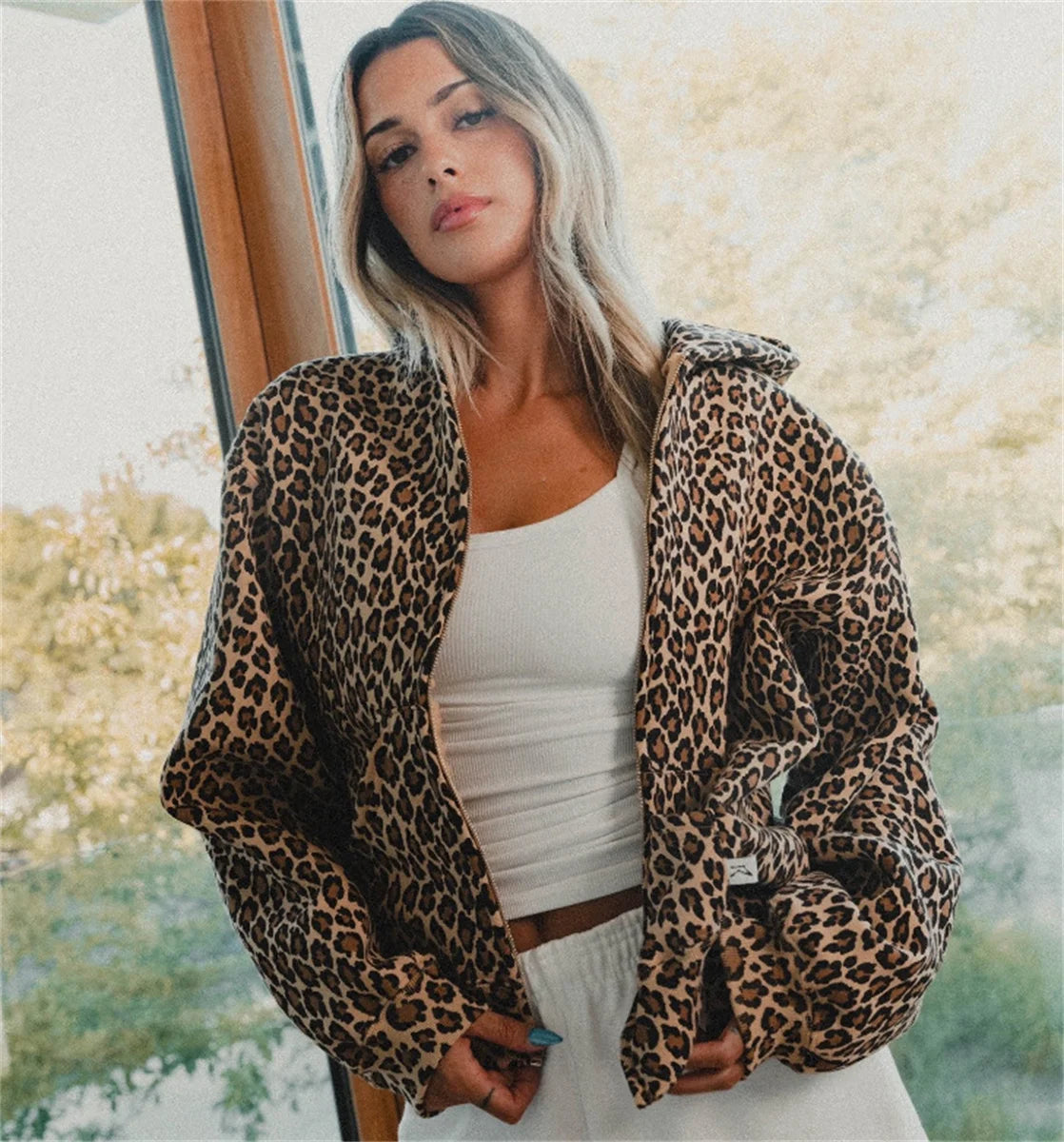 High Street Oversized Leopard Pattern Print Y2K Retro Goth Zip Up Hoody