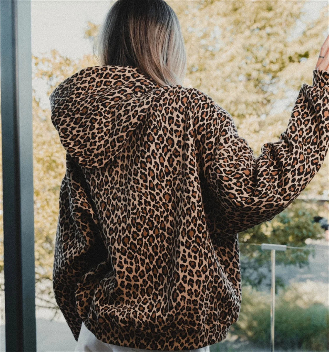High Street Oversized Leopard Pattern Print Y2K Retro Goth Zip Up Hoody