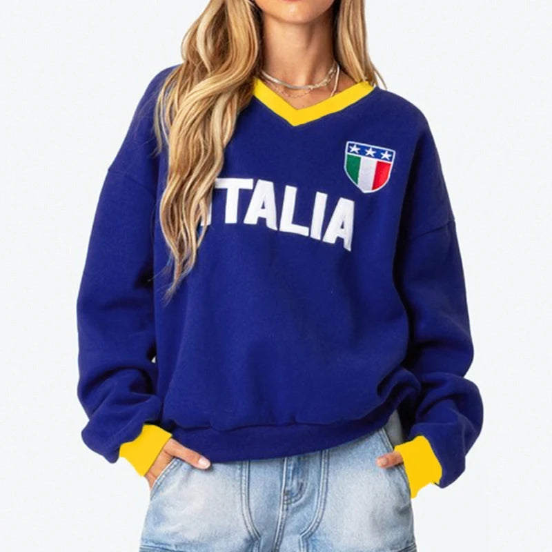 Vintage Women Winter Letter Embroidery Loose V-neck Y2K Gothic Hoody