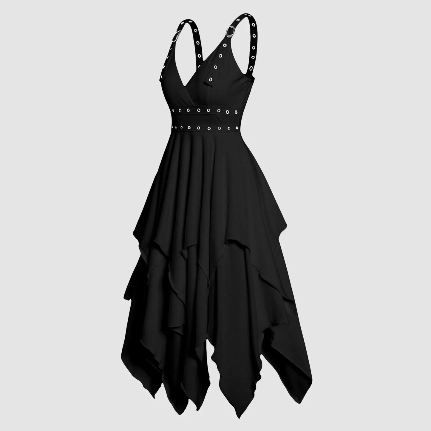 JuliaFashion - High Waist Asymmetrical Casual Midi Adjustable Strap Layered Sleeveless Solid Vintage Party Gothic Dress