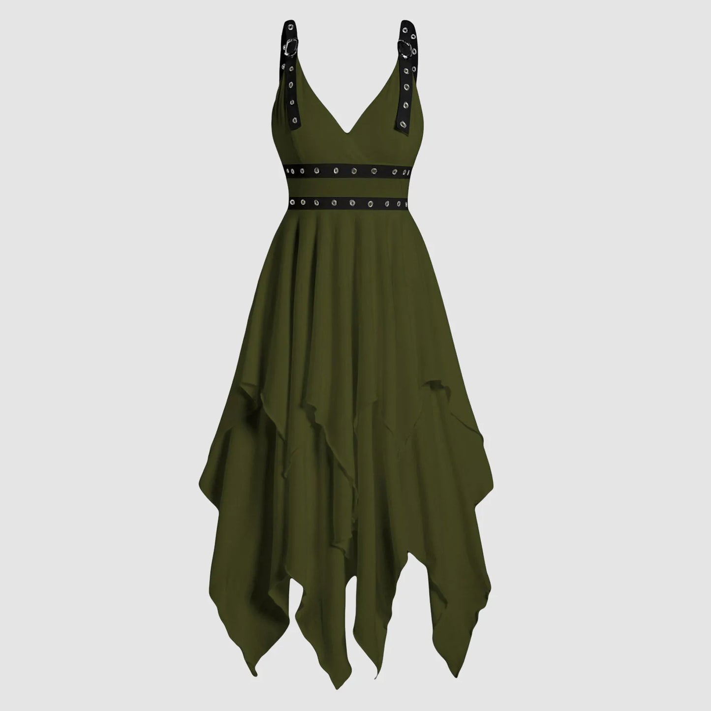 JuliaFashion - High Waist Asymmetrical Casual Midi Adjustable Strap Layered Sleeveless Solid Vintage Party Gothic Dress