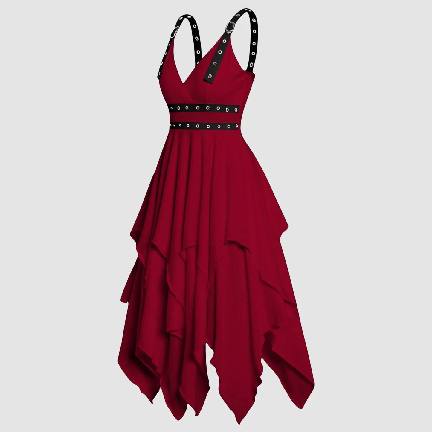 JuliaFashion - High Waist Asymmetrical Casual Midi Adjustable Strap Layered Sleeveless Solid Vintage Party Gothic Dress