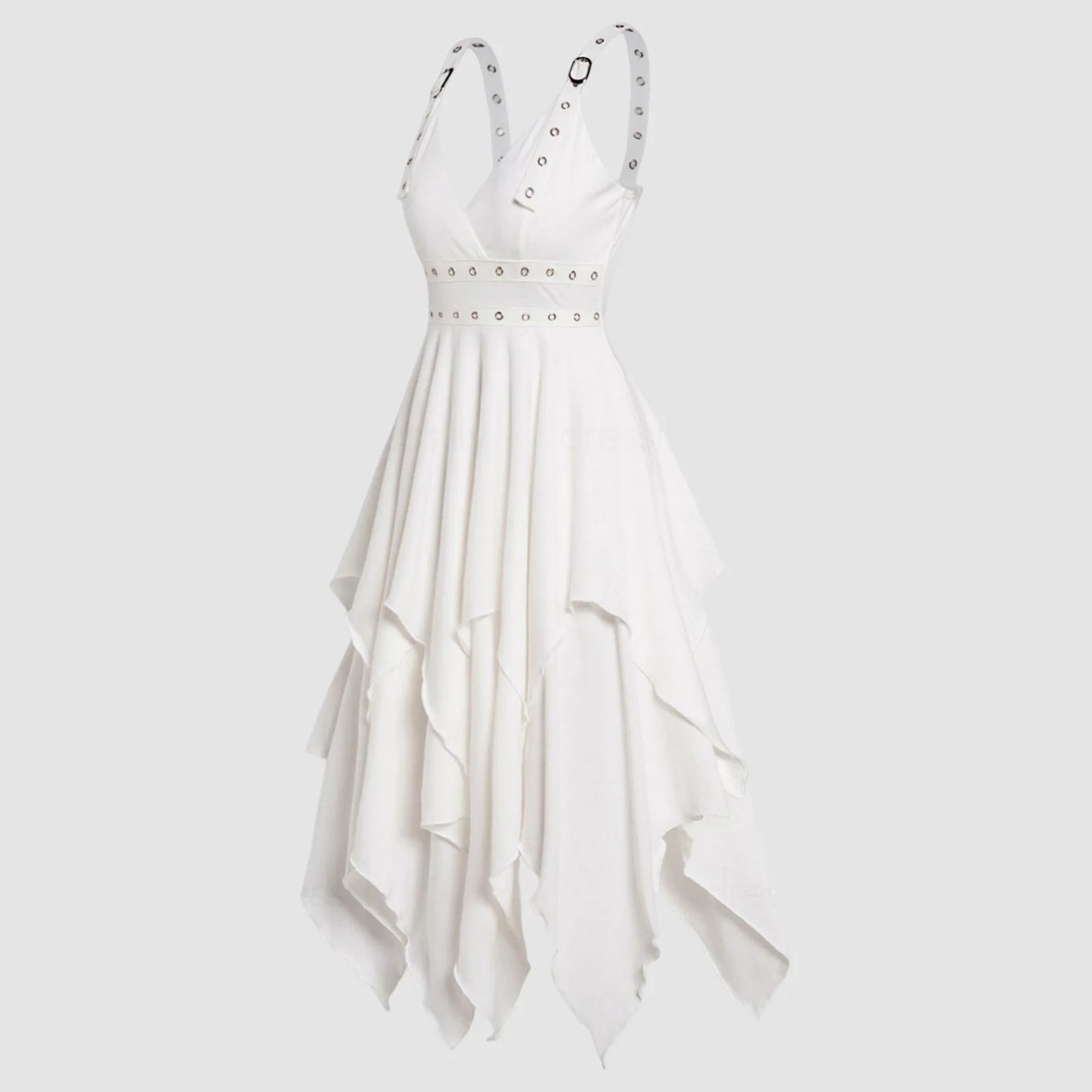 JuliaFashion - High Waist Asymmetrical Casual Midi Adjustable Strap Layered Sleeveless Solid Vintage Party Gothic Dress