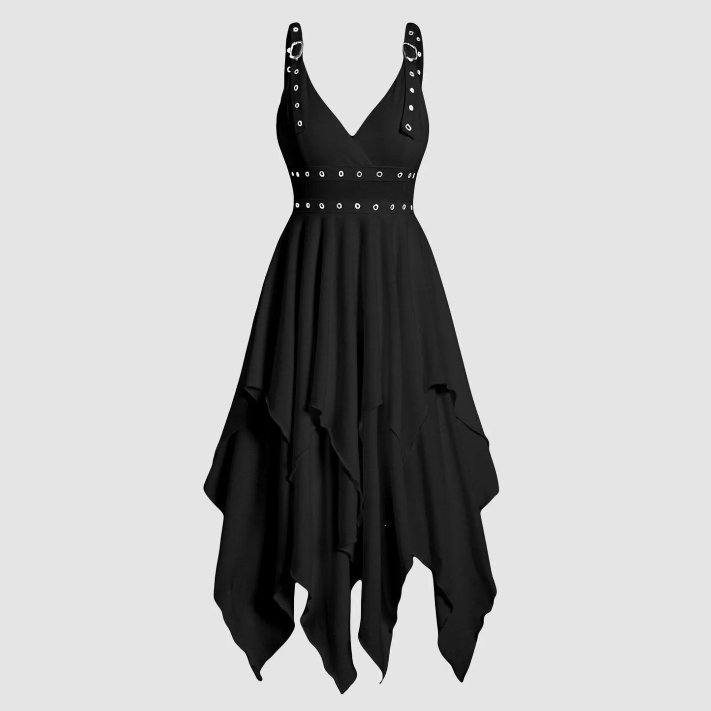 JuliaFashion - High Waist Asymmetrical Casual Midi Adjustable Strap Layered Sleeveless Solid Vintage Party Gothic Dress