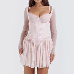 Bombshell Long Sleeve Bustier Graceful Corset Frill Mini Dress Pink / L