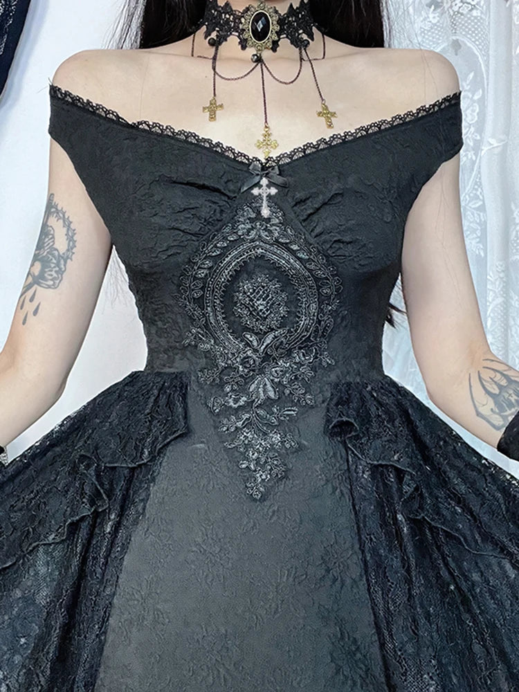 Gothic Folds Corsets A-Line Black Off Shoulder Ball Women Grunge Vintage Aesthetic Harajuku Partywear Dress