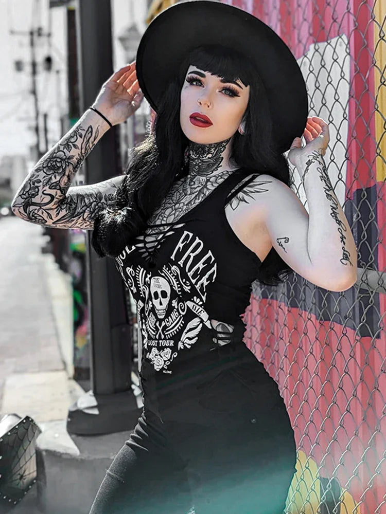 Gothic Skull Summer Black Crop Dark Printed Streetwear Woven Vintage Top