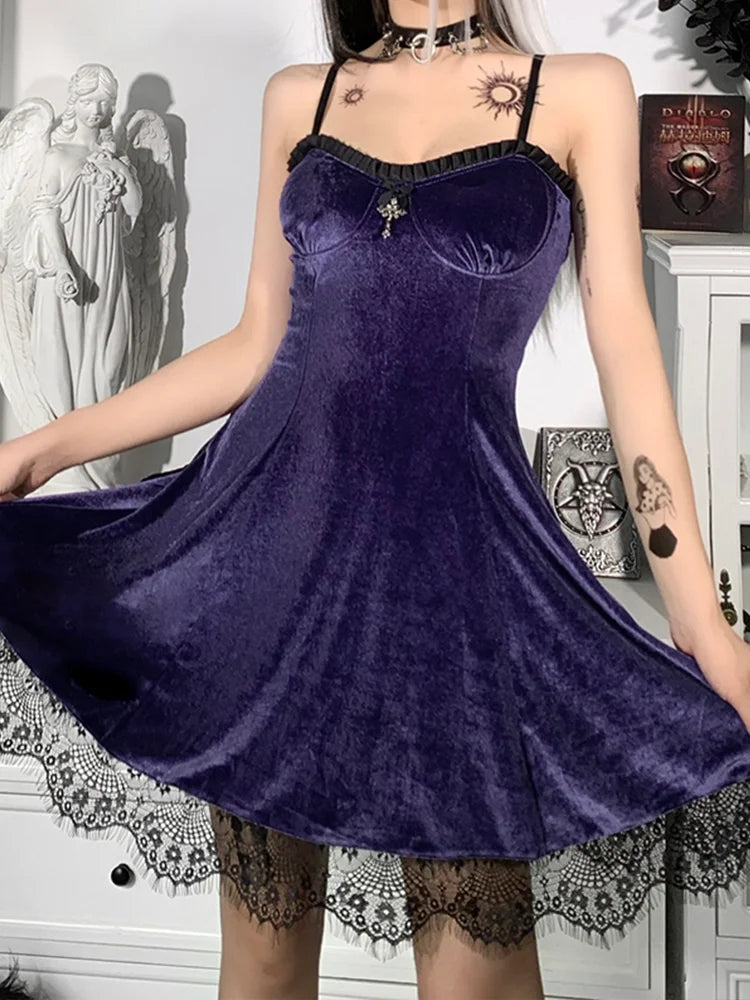 Gothic High Party Lolita Harajuku Vintage Women Waist Backless Mini Aesthetic Y2K Sexy Black Punk Dress