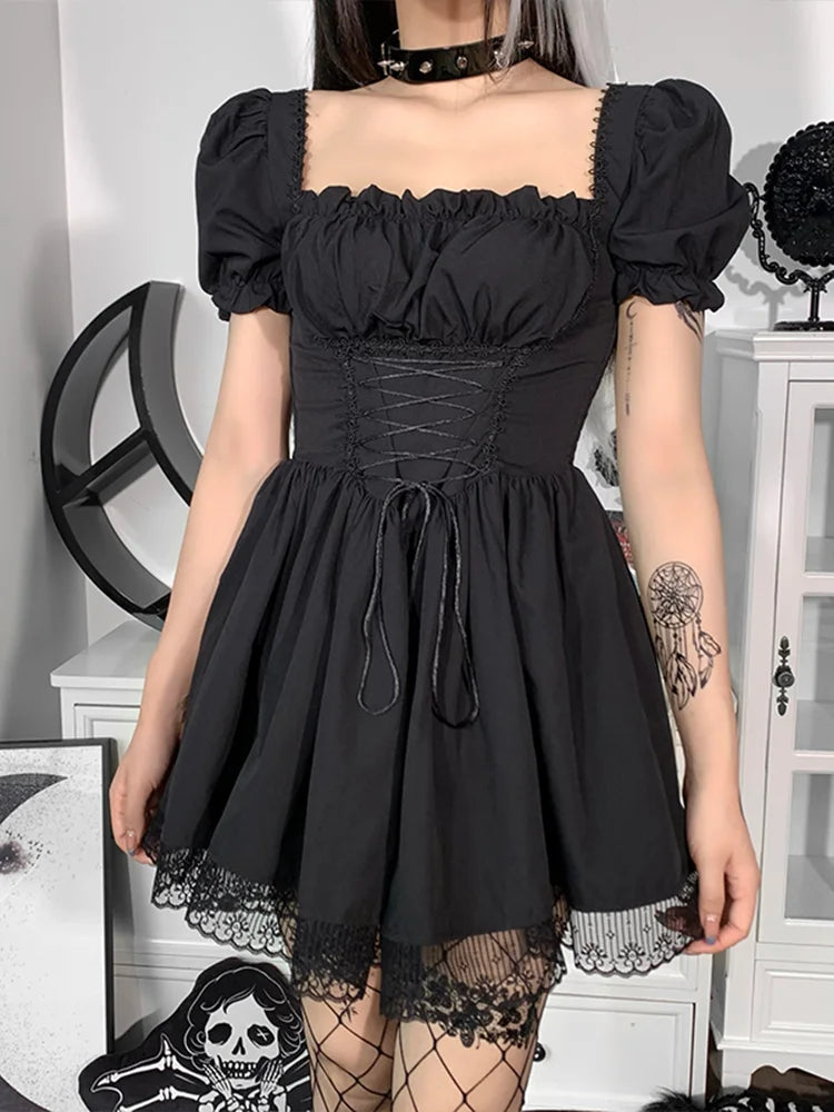 Gothic High Party Lolita Harajuku Vintage Women Waist Backless Mini Aesthetic Y2K Sexy Black Punk Dress