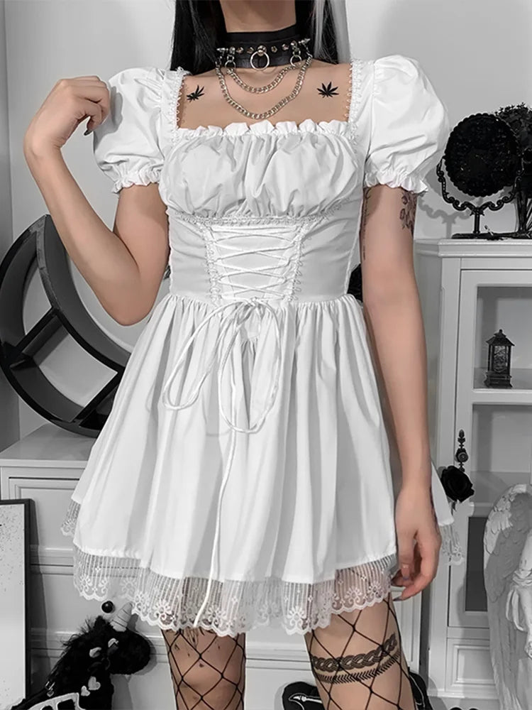 Gothic High Party Lolita Harajuku Vintage Women Waist Backless Mini Aesthetic Y2K Sexy Black Punk Dress