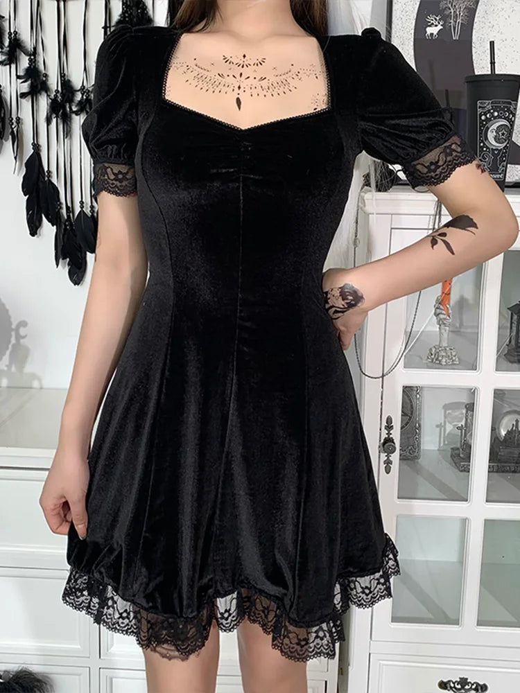 Gothic High Party Lolita Harajuku Vintage Women Waist Backless Mini Aesthetic Y2K Sexy Black Punk Dress