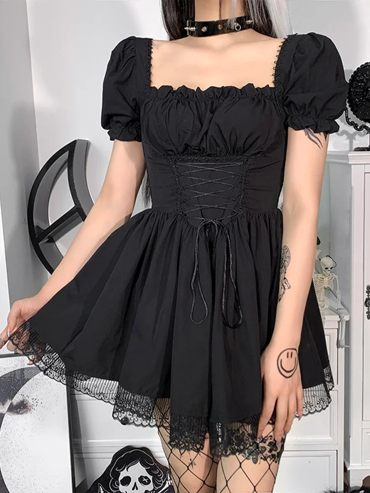Gothic High Party Lolita Harajuku Vintage Women Waist Backless Mini Aesthetic Y2K Sexy Black Punk Dress