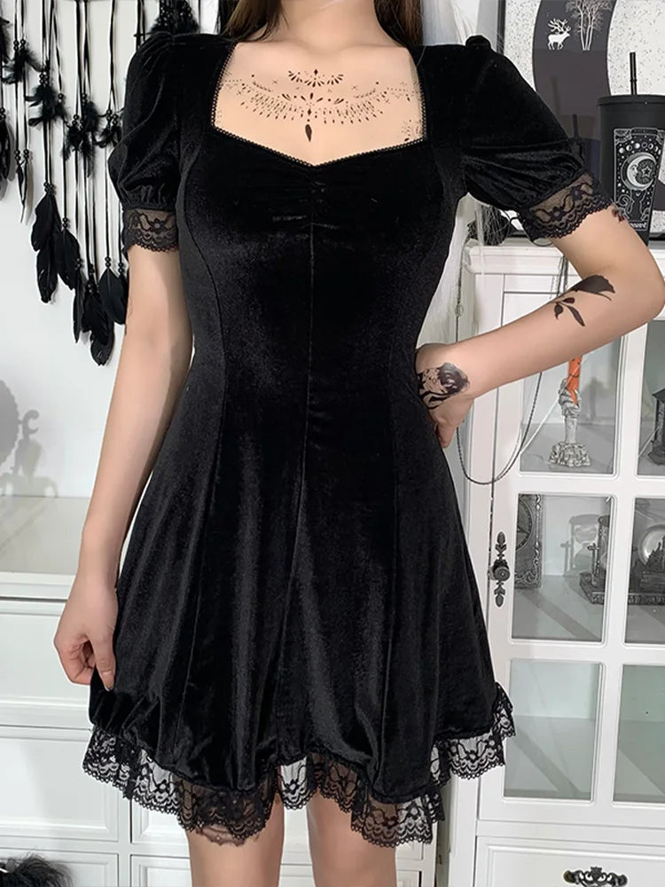 Gothic High Party Lolita Harajuku Vintage Women Waist Backless Mini Aesthetic Y2K Sexy Black Punk Dress