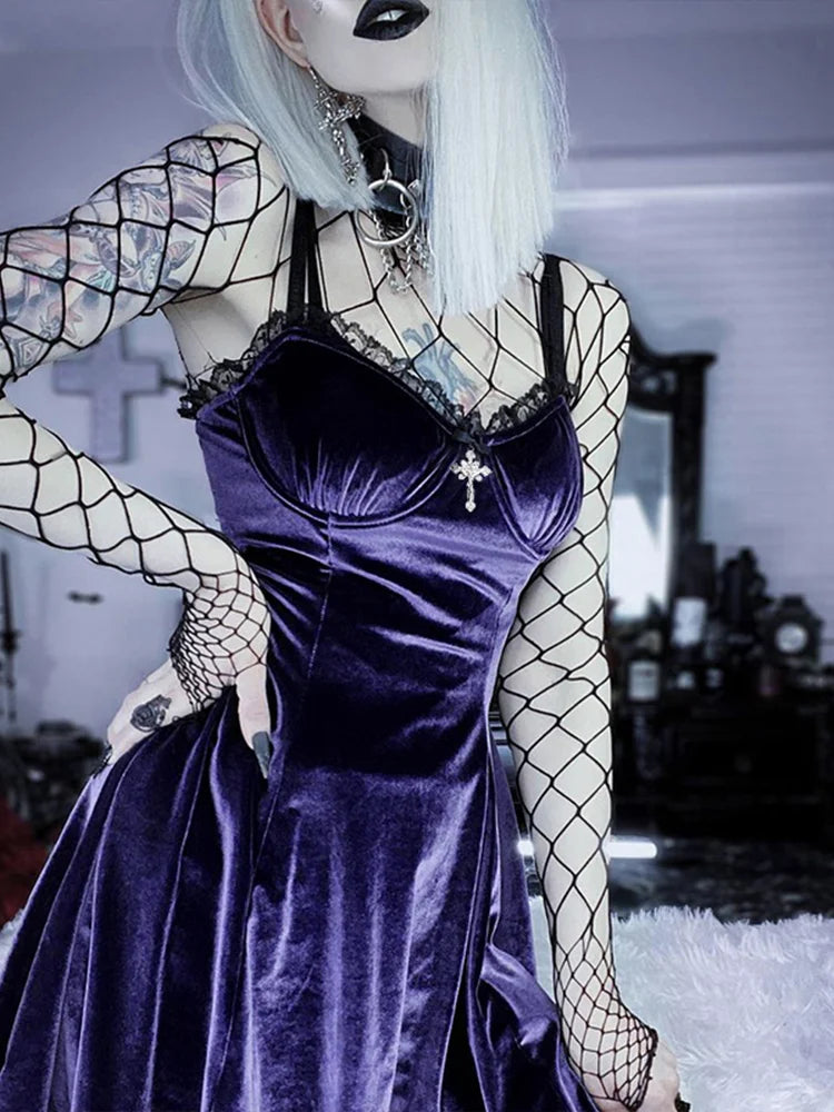 Gothic High Party Lolita Harajuku Vintage Women Waist Backless Mini Aesthetic Y2K Sexy Black Punk Dress
