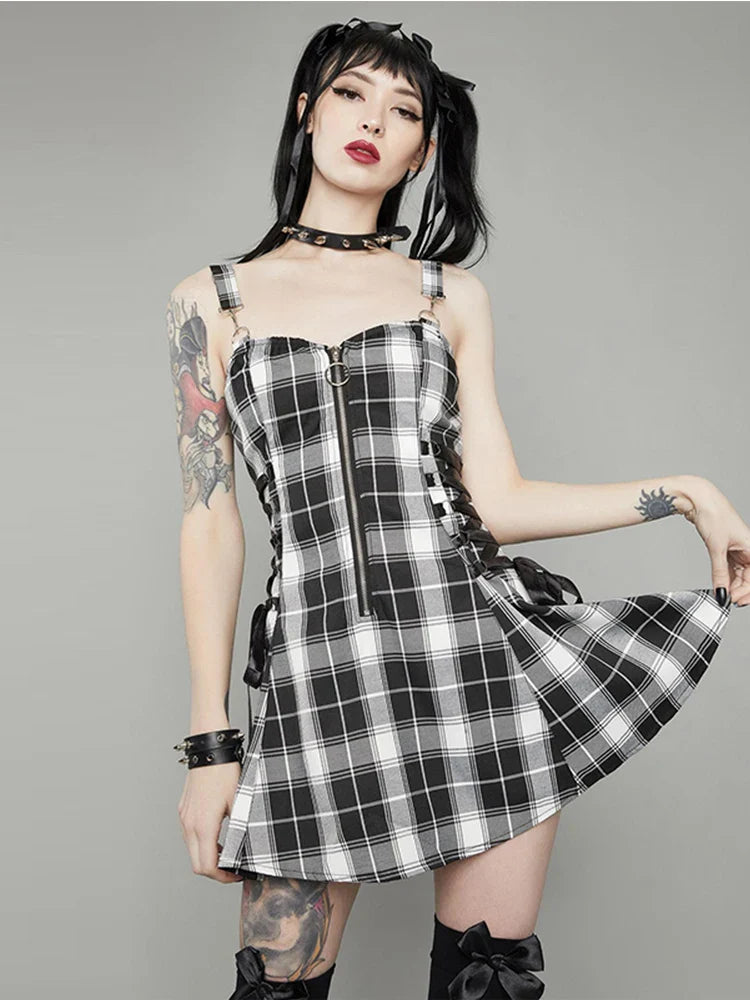 Plaid Bandage Aesthetic A-Line Vintage Zipper Harajuku Sleeveless Fashion Y2K Punk Dress