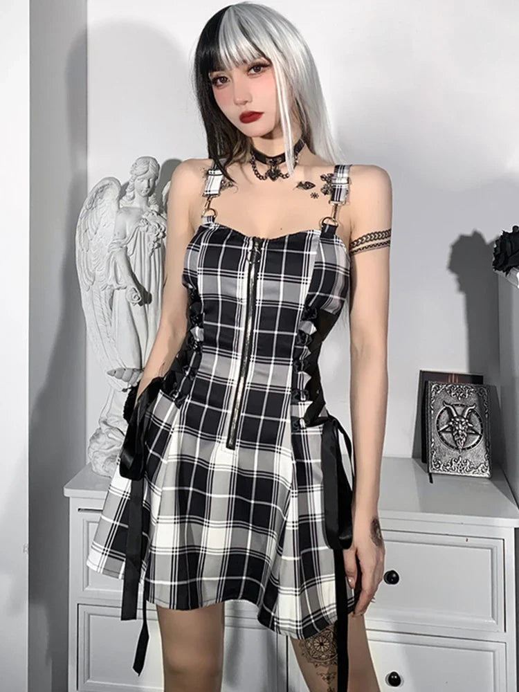 Plaid Bandage Aesthetic A-Line Vintage Zipper Harajuku Sleeveless Fashion Y2K Punk Dress
