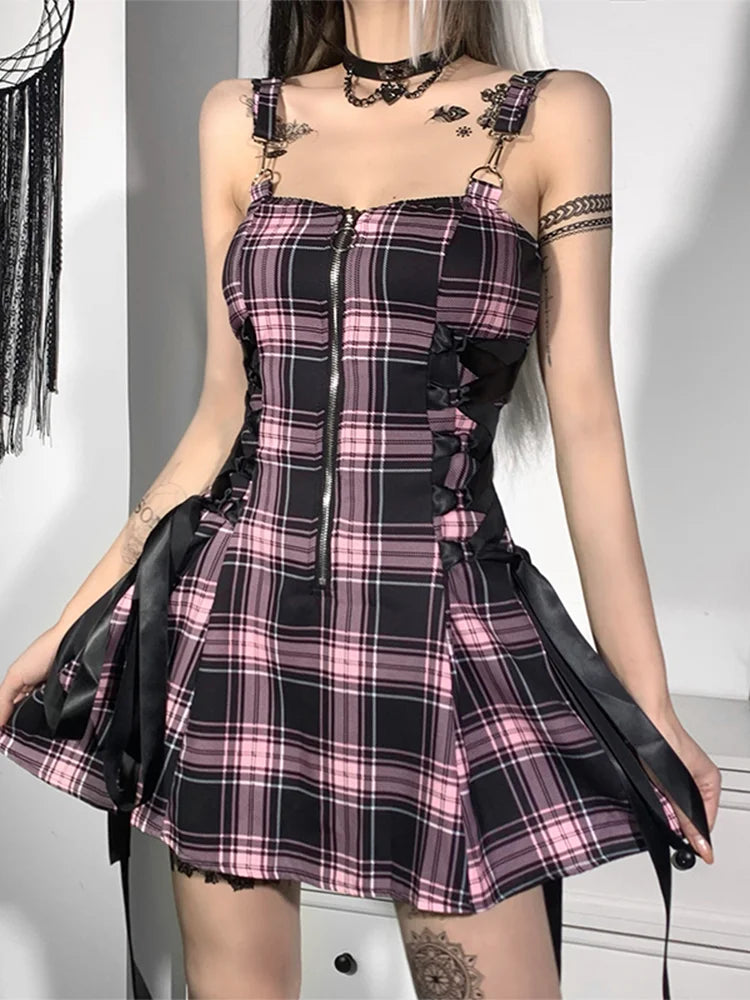 Plaid Bandage Aesthetic A-Line Vintage Zipper Harajuku Sleeveless Fashion Y2K Punk Dress