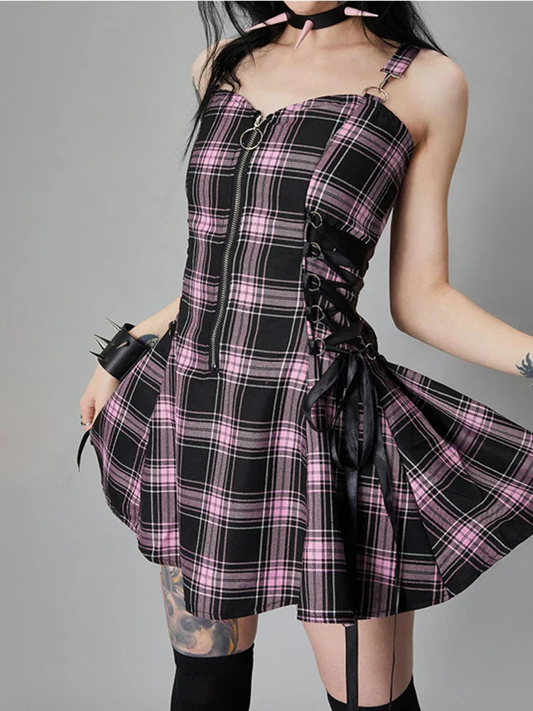 Plaid Bandage Aesthetic A-Line Vintage Zipper Harajuku Sleeveless Fashion Y2K Punk Dress