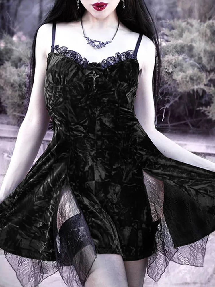 Y2K Mini High Grunge Lolita Dark Mesh Clubwear Sexy Velvet Slit Aesthetic Emo Gothic Vintage Waist Partywear Dress