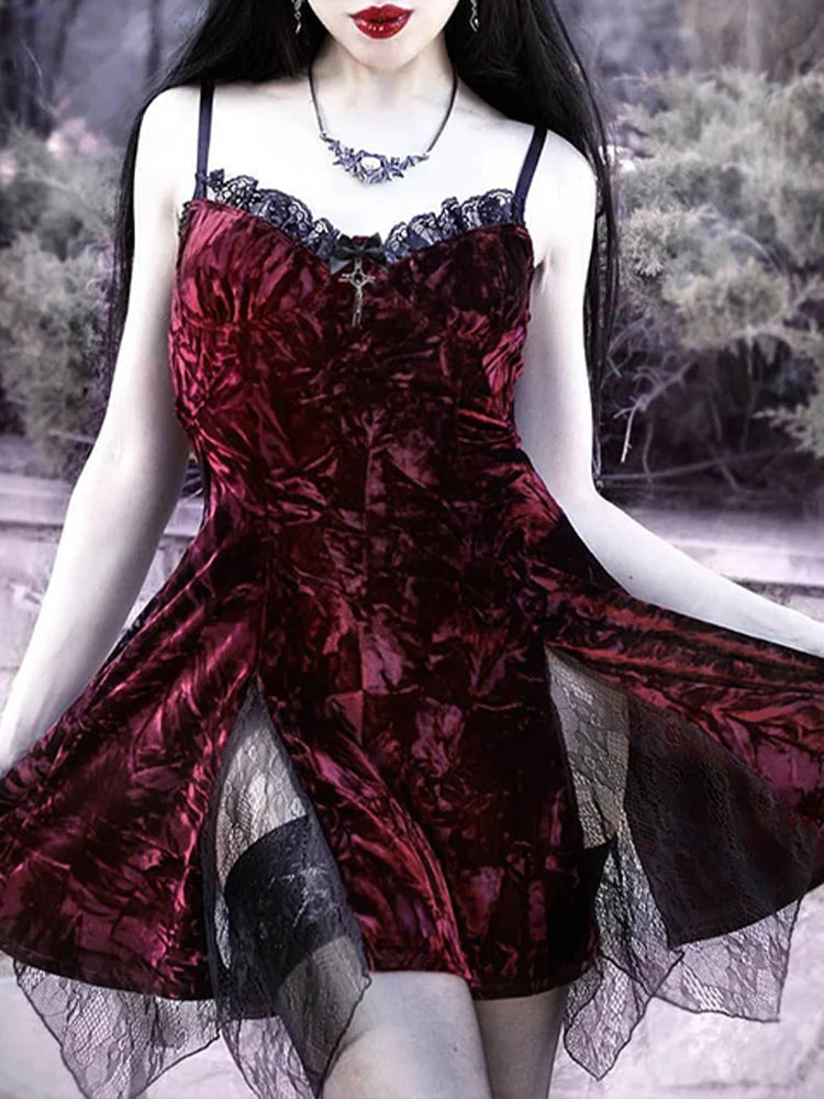 Y2K Mini High Grunge Lolita Dark Mesh Clubwear Sexy Velvet Slit Aesthetic Emo Gothic Vintage Waist Partywear Dress