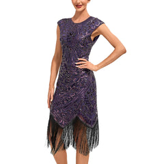 JuliaFashion - Knee Length Flapper Tassels Hem Sequined Great Gatsby Midi Dress