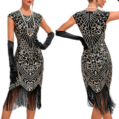 JuliaFashion - Knee Length Flapper Tassels Hem Sequined Great Gatsby Midi Dress