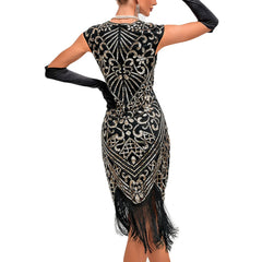 JuliaFashion - Knee Length Flapper Tassels Hem Sequined Great Gatsby Midi Dress
